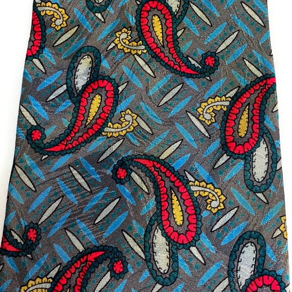 Vintage Karl Lagerfeld Luxury Designer Tie Collectors Item Teal Gray Red Yellow - Picture 4 of 9